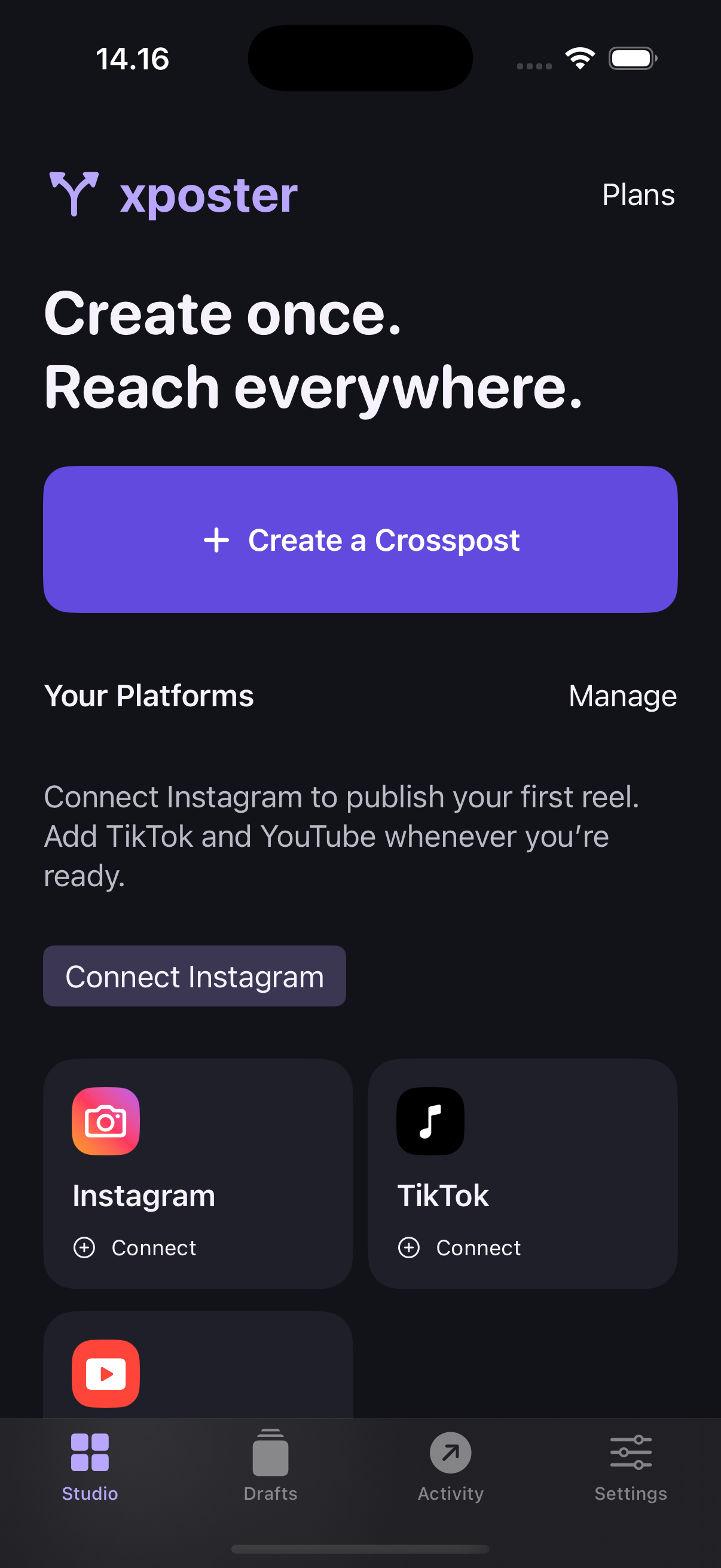 The current XPOSTER Studio in dark mode, with Create a Crosspost, Plans, platform connections and tabs for Drafts, Activity and Settings.